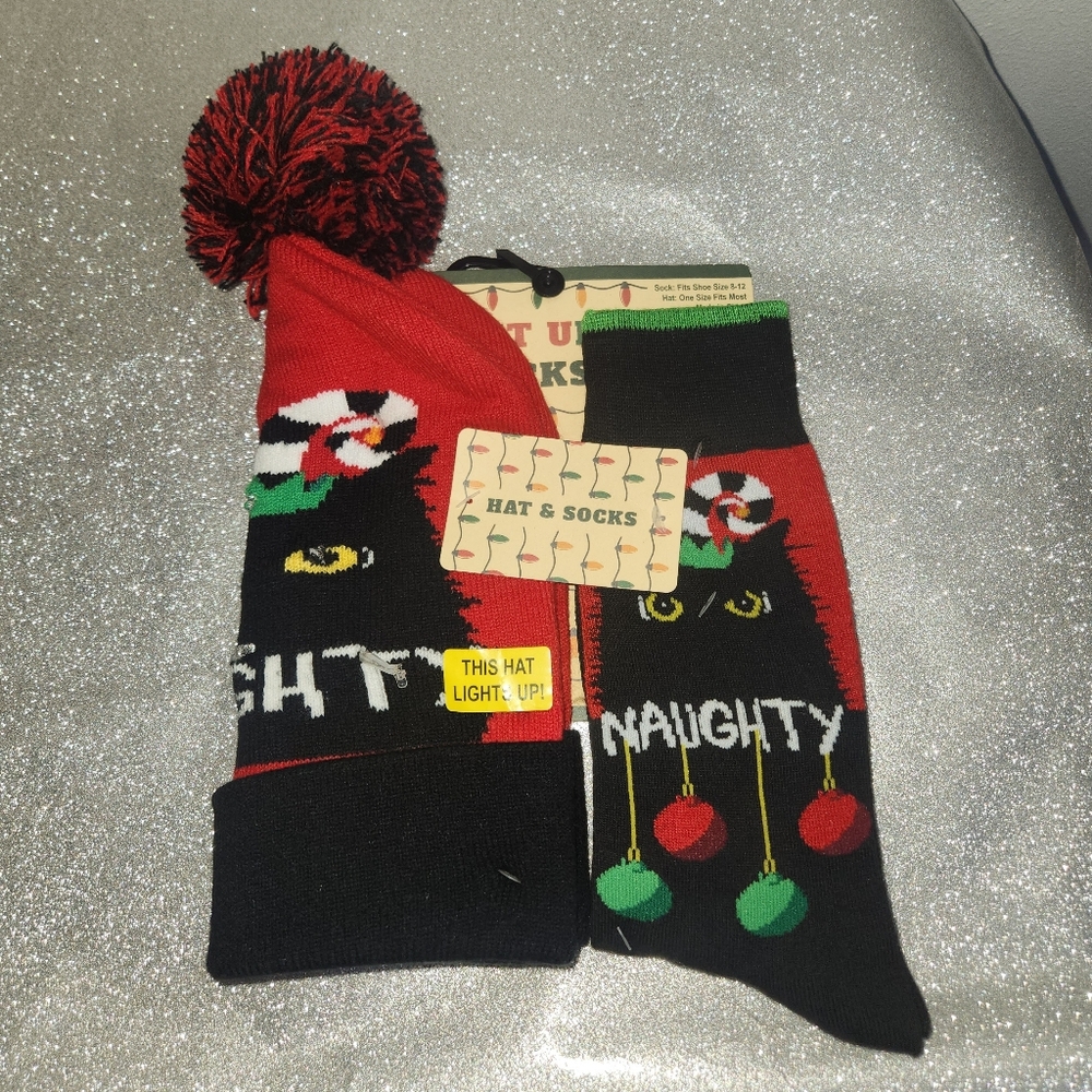 NWT Festive Red and Black Naughty Hat and Socks Set